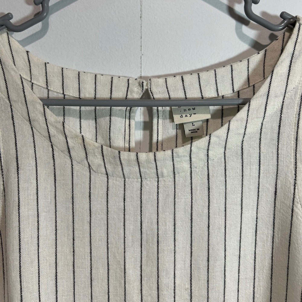 Linen Blend Sleeveless Shift Dress Large Cream Striped Minimalist Coastal Preppy - Picture 3 of 6